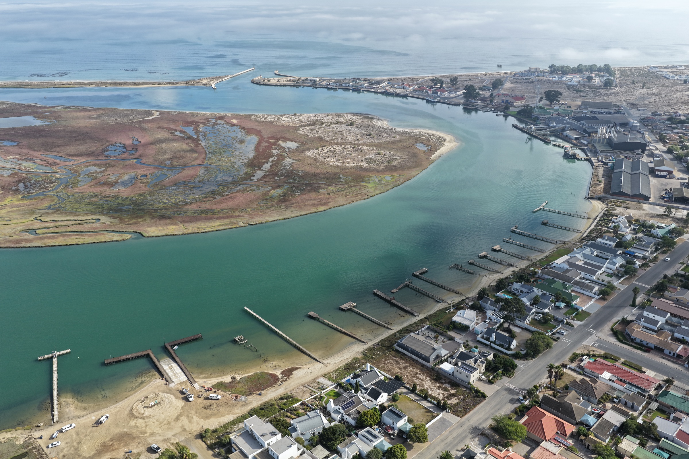 Aerial view across the Berg River estuary, Velddrif and the Atlantic Ocean.
